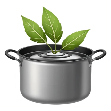 Minimalistic flat vector icon, iOS style, thin black contour on white background. Leaf inside a cooking pot. Clean, no text, no shadows.
 sticker