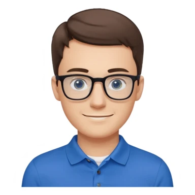 Young white man, late 20s, short brown hair, blue eyes, clean-shaven, thin black rectangular glasses, slim build, wearing a blue polo shirt, friendly and energetic look. sticker