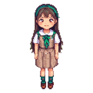 Asian girl with thin bangs, long hair, round eyes without double eyelids, wearing college student style dress, humorous expression, pixel art style sticker
