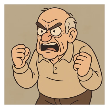 angry old man, expressive face, wrinkled, furrowed brows, balding, simple cartoon style sticker