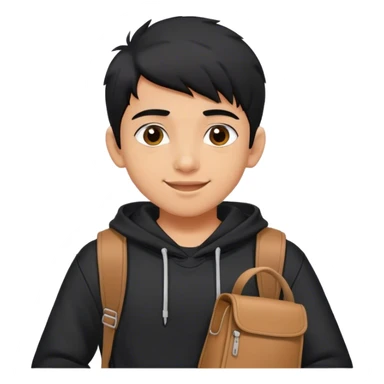 Cheerful white Indian student teenager boy with black hair . He's wearing a black hoodie and bag on back sticker