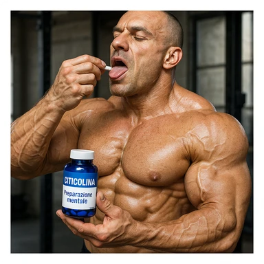 hyper realistic bodybuilder taking Citicolina before workout, well visible muscles, blue bottle, text 'Preparazione mentale', sporty atmosphere, realistic details sticker