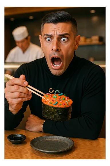 a man sits at a sushi bar, holding his chopsticks above a gunkan of salmon. As he looks closely, he notices visible parasites and bacteria—depicted as small worms and colorful bacterial shapes—on the surface of the sushi. His eyes widen and his mouth opens in shock, clearly alarmed. The background shows the sushi counter and chef, but the focus is on the man’s reaction and the contaminated sushi. sticker