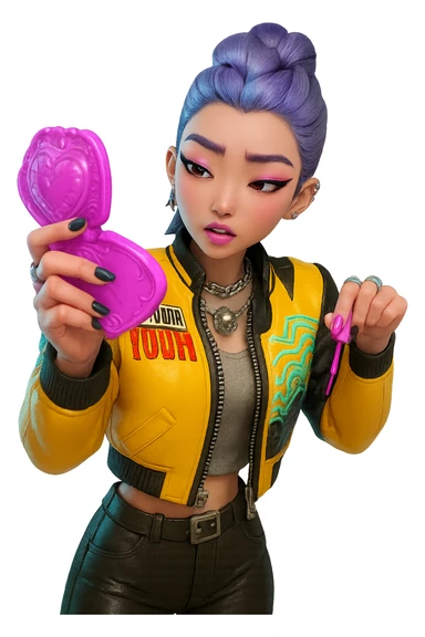 Extract the character from the background, including the clothes and accessories she is wearing, and place on a transparent background. Keep the original style and appearance exactly the same. sticker