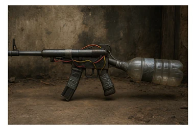 realistic improvised rifle made from pipes and plastic bottles, featuring duct tape, exposed wiring, and a bottle used as a stock, in a gritty survivalist setting sticker