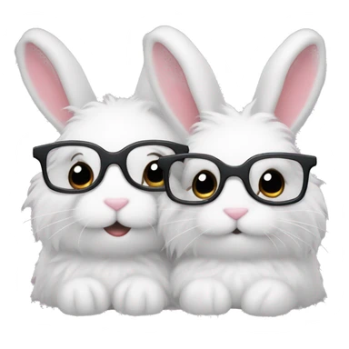 two fluffy bunnies cuddling, the one on the left has glasses sticker