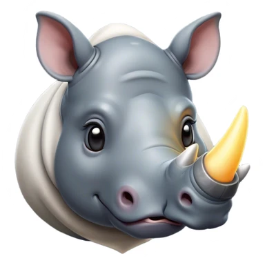 Cinematic Cute Rhinoceros Portrait Emoji, Head tilted playfully and inquisitively, featuring a rugged, glossy slate-gray hide with a gentle, rounded white horn and round, sparkling eyes filled with curious wonder, Simplified yet irresistibly adorable features, highly detailed, glowing with a warm, friendly glow, high shine, affectionate and mighty, stylized with a touch of ancient charm, bright and endearing, soft glowing outline, capturing the essence of a mischievous yet loving rhinoceros, so playful it feels like it could stomp out of the screen and into your arms! sticker