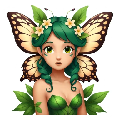 Cinematic Realistic Forest Nymph Fairy Portrait, head tilted playfully and inquisitively, showcasing a nature-inspired form with intricately detailed, sunlit tanned skin and cascading dark green hair interlaced with leaves and blossoms showing her large butterfly wings from her back. Her bright, curious eyes sparkle with forest mischief, rendered with lifelike clarity and warm, dappled lighting that captures the spirit of an enchanting woodland fairy ready to dance among the trees. sticker