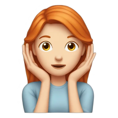 woman redhead who is covering her ears with hand sticker