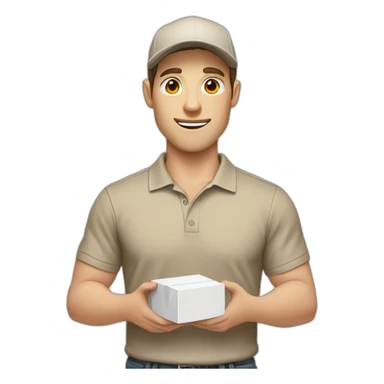 Pale skinned fit Man with dark brown hair in a beige cap, gray jeans and brown polo T-shirt keeping a pasted with tape white box into his hands sticker