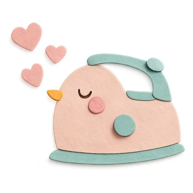 cute bird-shaped electric iron, puffing steam hearts, blushing, soft pastel pink, full-body sticker