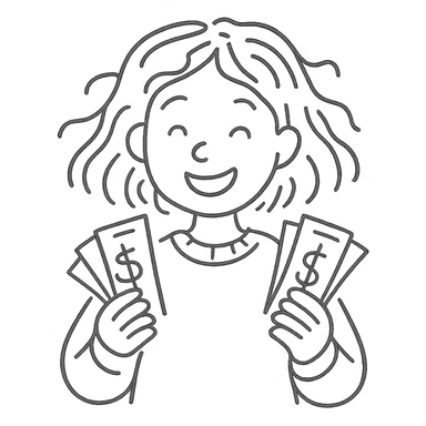 girl with rummy hair in beige sweater happy with money in hands sticker