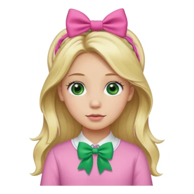 blonde girl long hair middle part, green eyes, pink bow and scrunchie sticker