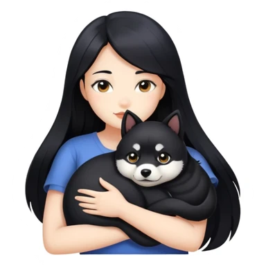 A beautiful girl with long black hair hugs a Black Shiba Inu sticker