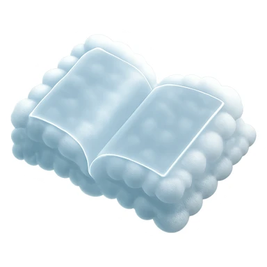 thick open book top view, fully made of small very bright white fluffy convex clouds, matte glass style sticker
