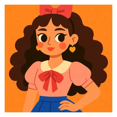 a girl with curly long dark brown hair, brown eyes, coquette style, modern illustration style sticker