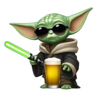 baby yoda with black rave outfit holding a beer and lightsaber and sunglasses sticker
