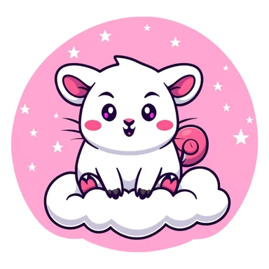 celestial pink possum on a cloud with prominent devil horns, glowing eyes, surrounded by pastel stars and sparkles sticker