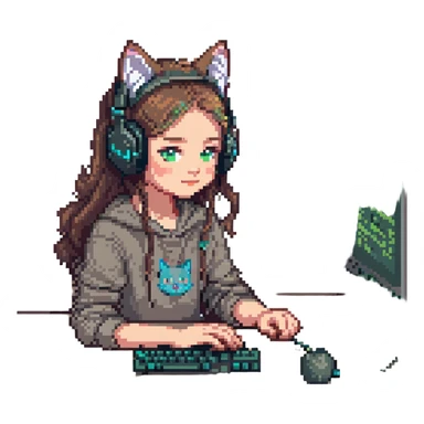 Change the girl to appear Caucasian and portray her as a night coder, with a nighttime background, keeping the pixel art style and cat headphones. Preserve transparent background if possible. sticker