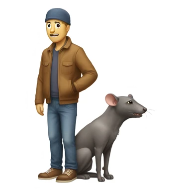 man leaning forwards to pet a dog with a rat on his head sticker
