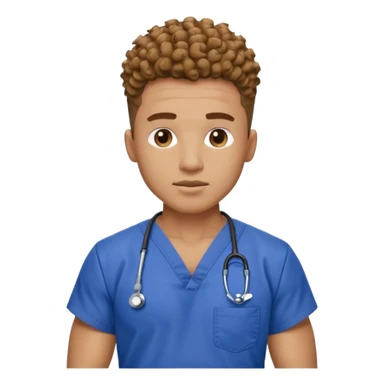 Ripped, athletic man with thick neck, high top fade with no part, curly hair only top only, and show waistline up, add scrubs, man face sticker