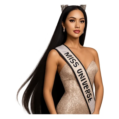 Miss Universe South East Asian woman, very long straight black hair, elegant and poised sticker