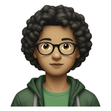 A 13 year old boy with black hair and black square glasses standing and wearing baggy jeans and white sneakers and a dark green sweatshirt, slightly big nose and light skin color sticker