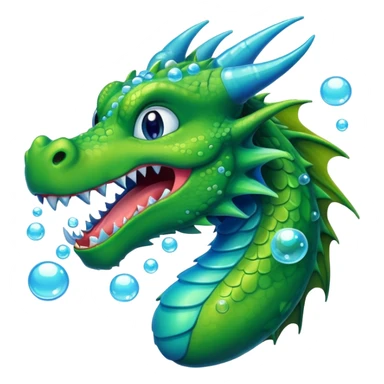 a green dragon with bue teeth breathing bubbles sticker