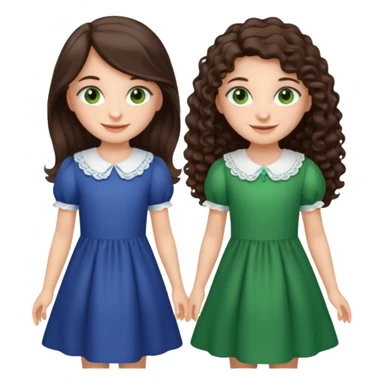 Two moppet girls, 1: long ironed straight darkbrown hair, green eyes, 2: long curly darkbrown hair, brown eyes sticker