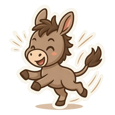 cartoon donkey kicking backward, energetic motion lines, playful style sticker