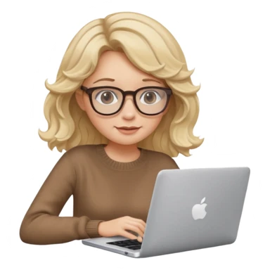 iOS style emoji, upper body view: blonde girl with dark blonde wavy hair, wearing pantos-style glasses and a brown sweater, sitting with a laptop, flat vector design, soft pastel colors, white background, Apple emoji style, upper body shot sticker