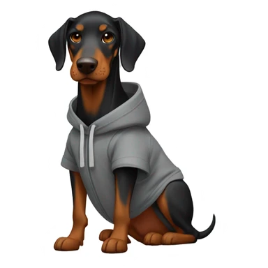 Doberman black with brown tan in a gray hoodie with an orange helmet sticker