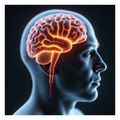 hyper-realistic medical CGI of an obese man with a semi-transparent head revealing brain inside with inflamed hippocampus in red, shrunken prefrontal cortex, yellow lightning for glucose spikes, black amyloid plaques, constricted blood vessels, 4K clinical sticker