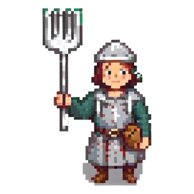 pixel art Twitch emoji of a cartoonish medieval peasant with a fork sticker