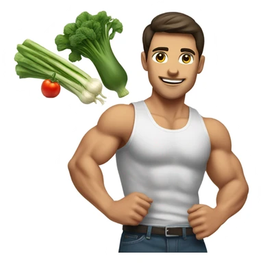 attractive muscular brunette young man using a chopping vegetables sticker