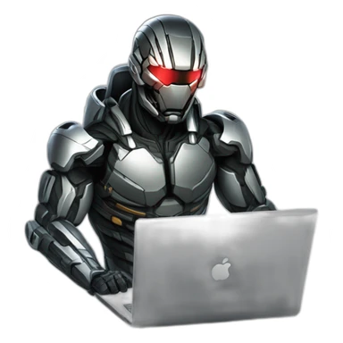 Side view developer behind his laptop with this style : Crytek Crysis Video game with nanosuit hacker themed character sticker