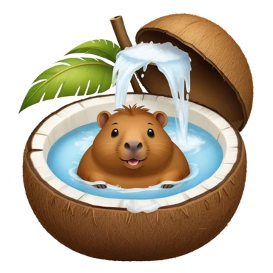 Happy capybara relaxing inside a halved coconut like a bathtub sticker