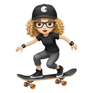 ["An excited girl with light skin, curly hair, wearing a baseball cap and square glasses, dressed in goth fashion, is skateboarding while holding a camera."] sticker