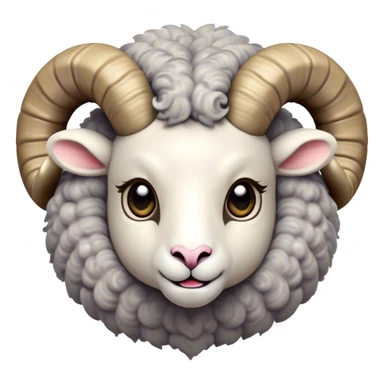 Cinematic Cute Ram Portrait Emoji, Head tilted playfully and inquisitively, featuring a dense, woolly grey fur with charming curled horns, round, sparkling dark eyes filled with curiosity, Simplified yet irresistibly adorable features, highly detailed, glowing with a warm, friendly glow, high shine, affectionate and spirited, stylized with a touch of rugged whimsy, bright and endearing, soft glowing outline, capturing the essence of a mischievous yet loving ram, so playful it feels like it could butt its way out of the screen and into your arms! sticker