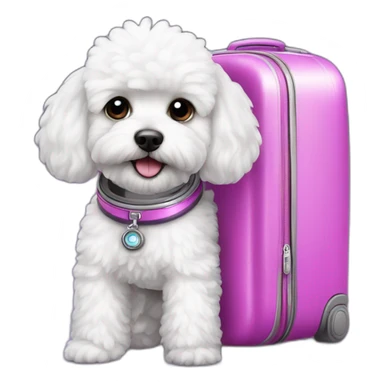 a white maltipoo as purple astronaut with a pink luggage sticker