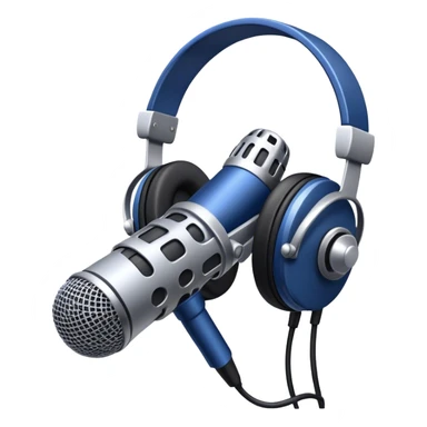 Create a sleek and professional emoji that represents voice acting and dubbing equipment. The design should feature a high-quality microphone, a sound mixer or audio interface, and headphones to symbolize the recording and technical process. Include elements like a soundproof booth or audio cables to reflect the studio environment. Use a modern, clean design with colors like silver, black, and dark blue to represent the professional side of voice acting. The background should be transparent. sticker