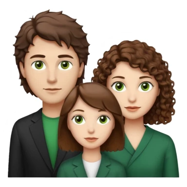 Man in the middle with brown straight hair and green eyes, women next to him with short brown hair with slight waves, tall women on right side with shoulder length curly hair and brown eyes sticker
