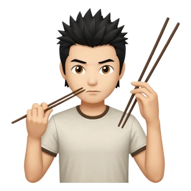 Make it a vietnamese male with spiky black hair holding only ONE pair of chopsticks in one hand, t-shirt. Please only ONE hand with chopsticks sticker