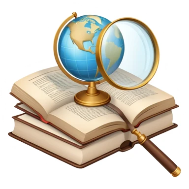 Icon for Non-Fiction Reading: an open book with pages filled with factual text, surrounded by a magnifying glass, a globe, and a stack of reports. The icon should convey the investigative and informative nature of documentary and non-fiction literature. Transparent background. sticker
