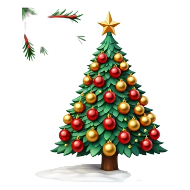 3D emoji of a majestic Moscow
New Year tree. Thick green branches heavily decorated with large gold and red glass balls, traditional Russian patterns, and sparkling warm tinsel. A bright glowing red Soviet-style star is on top.
Light dusting of snow on the branches.
 sticker
