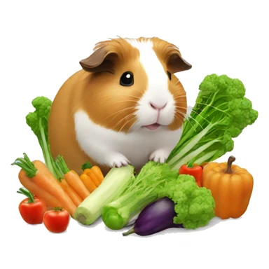 Guineapig eating a huge pile of veggies and fruit sticker