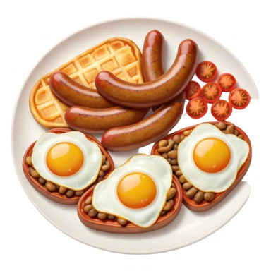 English Breakfast Cinematic Realistic English Breakfast Dish Emoji, depicted as a hearty plate featuring 2 sizzling sausages, a central serving of baked beans, 2 perfectly fried eggs, 2 sliced grilled tomatoes, 2 grilled mushrooms, and a triangle-shaped hash brown, rendered with vivid textures and warm, inviting lighting. sticker
