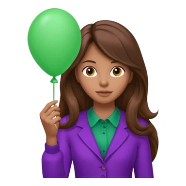 woman with long brown hair and purple costumes, holding green balloon sticker