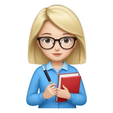 cute girl, glass, smart, Sky-blue colored clothing,
holding a book in one arm and a pen in the other hand.Holding a pen in the right hand as if teaching.Wearing black glasses, with a smart and bright-looking face. sticker