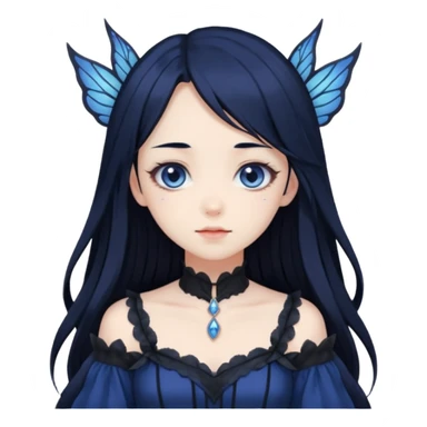 Gothic anime fairy with long beautiful black hair and dark blue dress, pastelcore, sticker